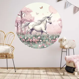 WANDKIND Einhorn Wandtattoo Rund Kinderzimmer V417 | handgezeichnet | AUFKLEBER Kindergarten | Wandsticker Babyzimmer | Blumenwiese (100 x 100 cm)