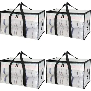 4-teiliges Set Großer Aufbewahrungstaschen (95 L) Mit Deckel Und Verstärkten Griffen, Transparente Pp-aufbewahrungstaschen, Ideal Für Umzüge, Kleideraufbewahrung Und Reisen.