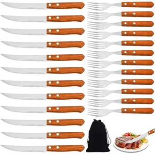 24 Stück Steakbesteck Set, Edelstahl mit Holzgriff, Messer Gabel, nicht spülm...