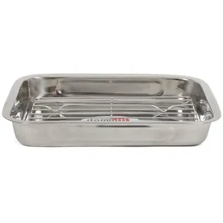 Domotti Bräter mit Rost 40 x 28,5 x 5 cm Ofenform Backform Edelstahl Auflaufform mit Gitter Grill silber rechteckig
