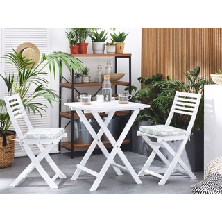 BELIANI Balkonset Weiß Akazienholz 2 Stühle 1 Teetisch 2 Auflagen im geometrischen Muster Mintgrün Gartenmöbelset