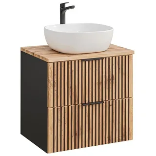 Lomadox Waschtisch XANTEN-56, anthrazit, Wotaneiche Nb., Keramik Aufsatzbecken, Softclose braun|grau