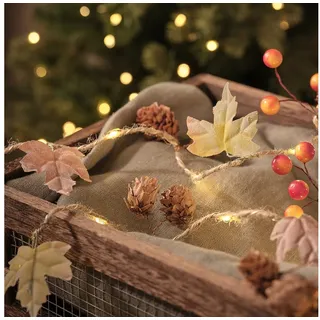 Lights4fun LED-Lichterkette 2 m LED-Herbstgirlande mit Blättern, Tannenzapfen & 20 Mikro-LEDs, War