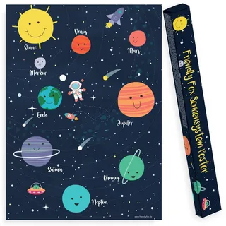 Friendly Fox Weltall Poster für Kinder, Weltraum Kinderposter mit Allen Planeten unseres Sonnensystems, Kinderzimmer Wandbild 50x70cm