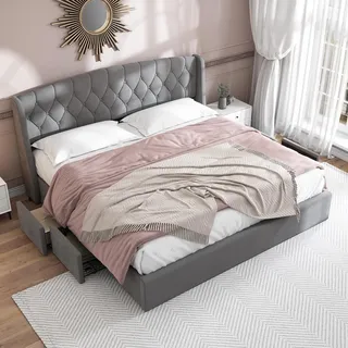 Pawom Samt Polsterbett 180 x 200 cm, Funktionsbett, Doppelbett, mit Lattenrost und 4 Bettschubkästen, ohne Matratze, Grau