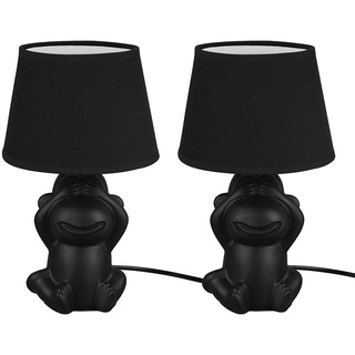 Tischlampe Nachttischleuchte Affe Keramik schwarz Beistellleuchte Affe Stoffschirm, Schnurschalter, 1x E14 Fassung, DxH 17x27 cm, 2er Set