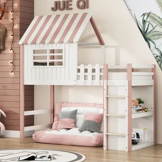 Flieks Etagenbett 90x200 mit Rausfallschutz, Kinderbett Hausbett mit Lattenrost, Hochbett Stockbett mit Leiter, Holzbett Einzelbett Rosa - Rosa