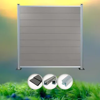 WPC Sichtschutz Zaun Komplettset grau inkl. Pfosten silber (8 x Zaun + 9 x Pfosten) - Grau