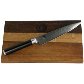 Kai Shun Allzweckmesser DM 0701 – ultrascharfes Japanisches Damast Messer 15cm Klinge + Fassholz Schneidebrett 25x15 cm