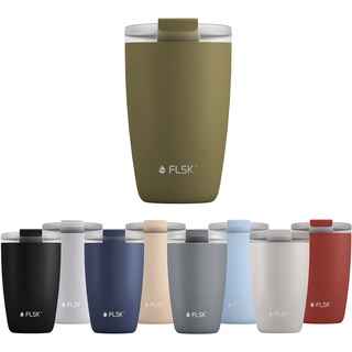 FLSK CUP Coffee to go-Becher (350 ml) • Kaffeebecher aus Edelstahl • Mehrwegbecher für unterwegs • Thermobecher auslaufsicher • Isolierbecher (Khaki)
