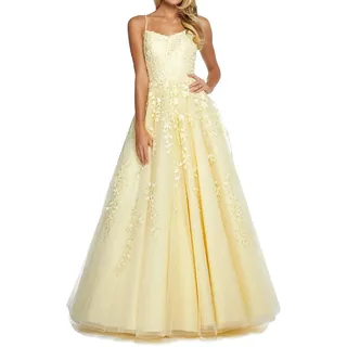 RUNBOO Damen Lang Tüll Prinzessin Ballkleider mit Appliques Spaghetti Rückenfrei Größe 36 Gelb - 36