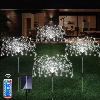 Ovker Solarleuchten für Außen, 4 Stück 120LED Solar Feuerwerk Gartenleuchten, 8 Modi Solarstecker Gartendeko Pusteblume Wetterfest Solarlampe für Garten Balkon Blumenkästen Deko (Weiß)