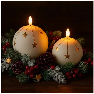 Online-Fuchs LED-Kerze 2er Set runde LED Kerzen aus Keramik mit Sternen verziert (Silber, Gold, Kugelkerzen), 6-Stunden Timerfunktion - Kerzen für Weihnachten goldfarben