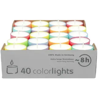 Colorlights Summer-Edition, WENZEL-Teelichter, Brenndauer ca. 8h, 24/38 mm, 40 Stück