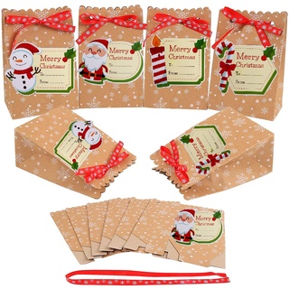 Evance 24 Stücke Weihnachten Geschenktaschen Papiertüte mit 24 Weihnachtsanhänger und 24 Weihnachtsbänder, Geschenktüten Kraftpapier Schokolade Süßigkeiten Geschenkbox Partytasche(12 x 7 x 18.5cm)