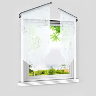 HeichkelL Voile Scheibengardine Blätter-Motiv 1 Stück Bistrogardine mit Quaste Küche Gardine Panneaux Landhausstil Café Vorhang Stangendurchzug Weiß BxH 60x120 cm