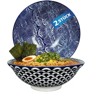 Urban Lifestyle Ramen Schüssel Set 2er Ø 20,5 cm große Ramenschüssel Porzellan japanischer Stil stapelbar 1000 ml Suppenschüssel Nudelschüssel Bowl Set für Ramen Pho Salat Müsli SEIGAIHA