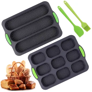 2 Stück Brötchen Backform, Baguette Backform Silikon, mit 3, 9 Steckplätzen | Backformen für Baguette und Brötchen Antihaft, mit Spatel und Ölpinsel, zum Backen von Baguetteblechen