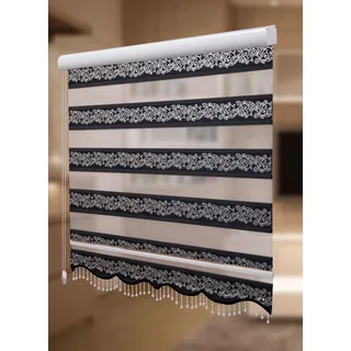 PlisseeOnline Doppelrollo Duorollo mit Alu Kassette und Motiv Rankenmuster und Perlen Blickdicht freihängend Zebra Perde mit Motiv Schwarz Silber Glitzer Breite 160 cm Höhe 250 cm