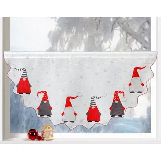 heimtexland Scheibengardine Weihnachten Fensterdeko Gardine Weihnachtsgardine (1 St), Stangendurchzug, halbtransparent, Leinen-Optik, 45x90 cm I durchscheinend I bedruckt I Wichtel weiß rot bunt