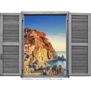 queence Wandtattoo Stadt am Meer (1 St), Wandsticker, Wandbild, selbstklebend, 3D, Fenster bunt