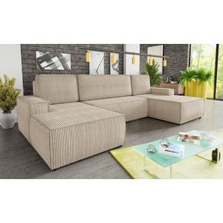 Sofnet Wohnlandschaft mit Schlaffunktion Totti - U-Form Couch, Schlafsofa mit Bettkasten, Couchgranitur mit Bettfunktion, Big Sofa, Cord Stoff, Wohnzimmer... Beige