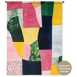 MuchoWow Wandteppich Abstrakt - Rosa - Formen - Gelb, Rechteckig, Höhe: 3 mm, Wandtuch für Wohnzimmer, Schlafzimmer, 150x200 cm gelb|rot Rechteckig | 150 cm x 200 cm x 3 mm