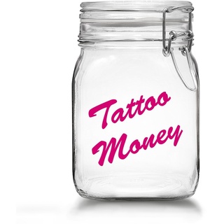 Tattoo Spardose - Spare Geld für Dein nächstes Tattoo - Tattoo Money Sparbüchse aus Glas mit Bügelverschluss (Tattoo Money - Pink)