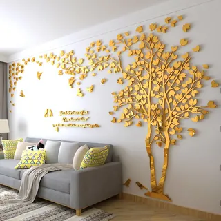 Wandtattoo Baum 3D DIY Wall Stickers Wandaufkleber Wandtattoo Wohnzimmer Schlafzimmer Family Wandsticker für Treppen Halle (Gold Rechts,S-200 * 100cm)