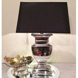 XXL Keramik Lampe 74cm Lampenfuß Silber Lampenschirm Schwarz Nachttischlampe