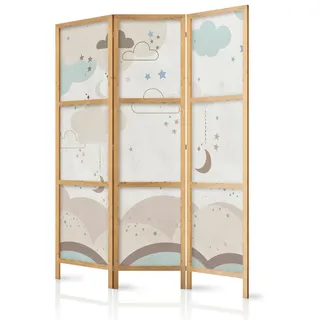 Muralo Japanischer PARAVENT 3-teilig Raumteiler klappbar PREMIUM-Vliesleinwand PASTELLFARBENE WOLKEN UND STERNE für Kinderzimmer 135cmx172cm - Beige/Braun/Grau/Blau