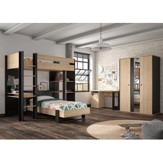 Gami Jugendzimmer-Set Duplex, (4-St., Bett, Kleiderschrank, Schreibtisch, Hochbett) beige|schwarz