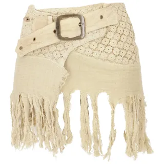 GURU SHOP Goa Minirock, Wickelrock, Tribal Cacheur, Hüftschmeichler, Fransenrock - Beige, Damen - 38