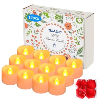 IMAGE LED Kerzen 12 Stück Teelichter mit Timer 6 Stunden an 18 Stunden aus flackernde flammenlose Kerzen mit 100 Rosenblättern, warmgelb