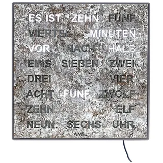 AMS Wanduhr Wortuhr LED Wanduhr Tischuhr 28x28cm (Anzeige in Wort und Schrift) grau