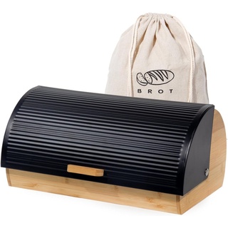 Zedelmaier Brotkasten Brotaufbewahrungsbox aus Metall Holz groß, (Set), Brotkorb mit Deckel und Brotbeutel schwarz