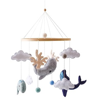 Sarah Duke Mobile Baby Windspiele mit Filzbällen Meerestiere 3D Wolken Mobile Baby Hölz Babybett, Wal Mobile Baby Neugeborene Jungen Mädchen Anhänger