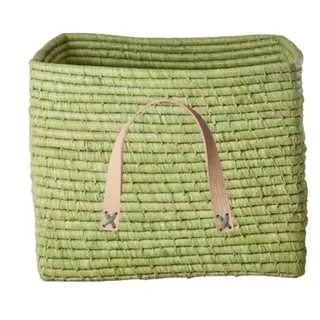 RICE Raffia Aufbewahrungskorb mit Lederschlaufen 30x30x25 cm, L30 x B30 x H25cm, apfelgrün
