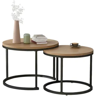 Runder Couchtisch Set 50x70x45 cm und 45x45x44 cm Eiche mit stabilem Metallrahmen für modernes Wohnzimmer