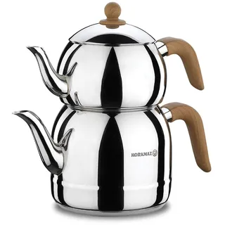 Korkmaz Türkische Teekanne RETRO A196 Holzoptik Induktion 1,1 L + 2,5 L