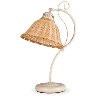 Tischleuchte Landhaus Hygge shabby-weiss Rattan natur-farbig Korblampe | Helios Leuchten 4020713/W Nachttischlampe antik-weiss handgefertigter Korbschirm 1 x E27