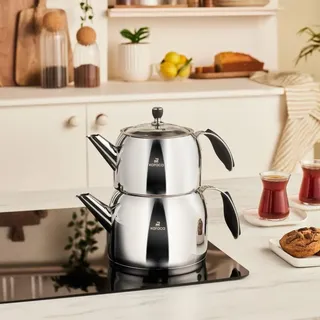 Karaca Stelly Caydanlik - Türkische Teekanne Induktion 2L Wasserkocher + 1L Demlik mit Deckel, Edelstahl, Türkischer Teekocher, Induktionsgeeignet, Spülmaschinengeeignet - Inox
