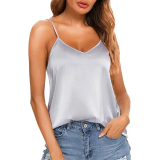 VIDUSSA Damen Satin Cami Tank Top Seidentop Shirt Ärmellose V-Ausschnitt Blusen Spaghetti Oberteile Silber XXL - XXL