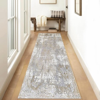 Teppichmatten Läufer Teppich Lang Flur rutschfest Küchenmatten 140x400cm Blau/Grau Küchenläufer Korridor Teppichläufer Waschbar Meterware Küchen Teppich Anpassbar Wohnzimmer Esszimmer Schlafzimmer