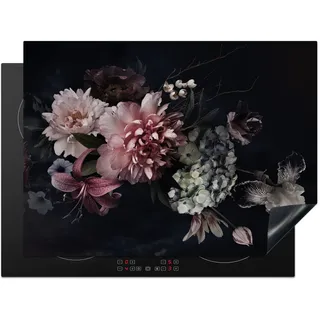 KitchenYeah© Herdabdeckplatte Einteilig Herdabdeckung Abdeckplatte für Ceranfeld Abdeckung Induktionskochfeld Aufrollbare Matte Blumen - Pink - Vintage - Pastell - Rosa - Schwarz - 70x52 cm