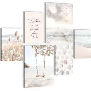 Novart Wandbilder Set Wohnzimmer Strand Meer Dünen Relax Beige Ostsee Nordsee - KEIN EXTRA RAHMEN BENÖTIGT - Modern Deko - Strandbilder Schlafzimmer N023463a