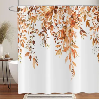ASDCXZ Orange Eukalyptus Duschvorhang 180x200 cm, Orange Eukalyptusblätter Blumen Frühling Aquarell Pflanzen Wasserdicht Badvorhang Polyester Textil Waschbar Duschvorhänge für Badewanne mit 12 Haken