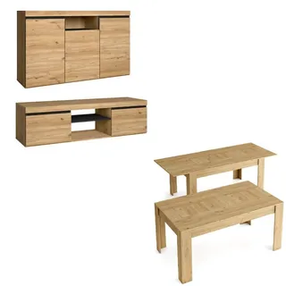 SKRAUT HOME Natural Dining Room Set, Esszimmermöbel, Sideboard-mobile tv 140cm-ausziehbarer Tisch Eiche/schwarz _ SETNAT140EXT