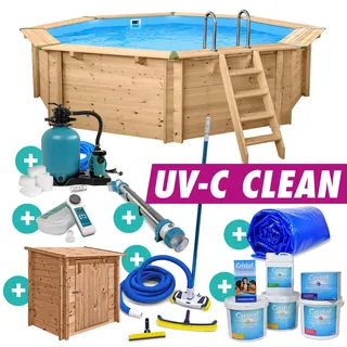 Holzpool Rund Komplettset Massivholz Pool inkl UV-C Klärer Sandfilter Bodensauge