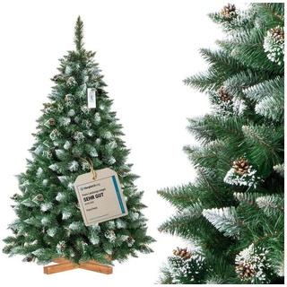 Fairytrees Künstlicher Weihnachtsbaum FT04, Kiefer Natur-Weiss beschneit, mit echten Tannenzapfen und Echtholz Baumständer grün 180 cm